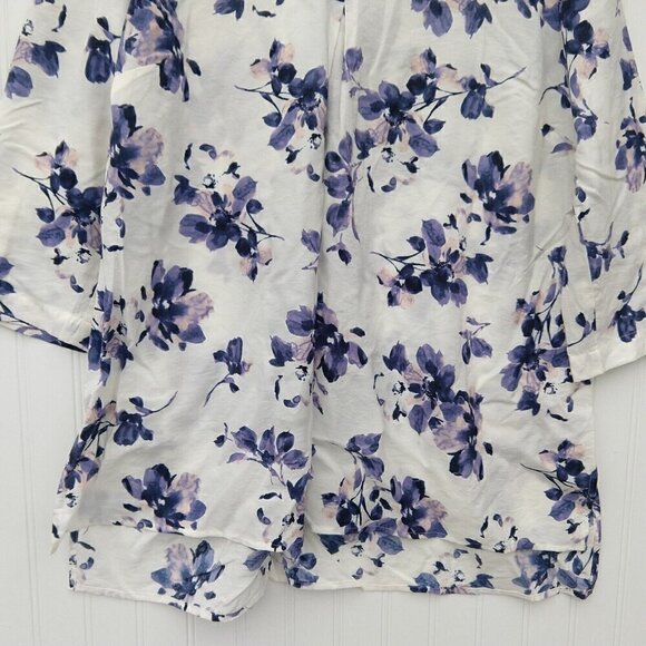 J Jill Floral Tunic Top Size MP White Purple V Neck Half Sleeve Button Cuff - Picture 5 of 10